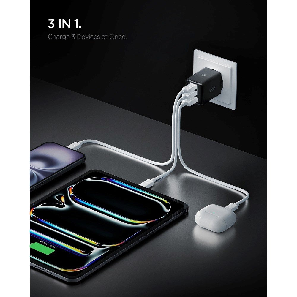 Spigen Essential 47W Wall Charger med 2 x USB-C & 1 x USB-A - Black