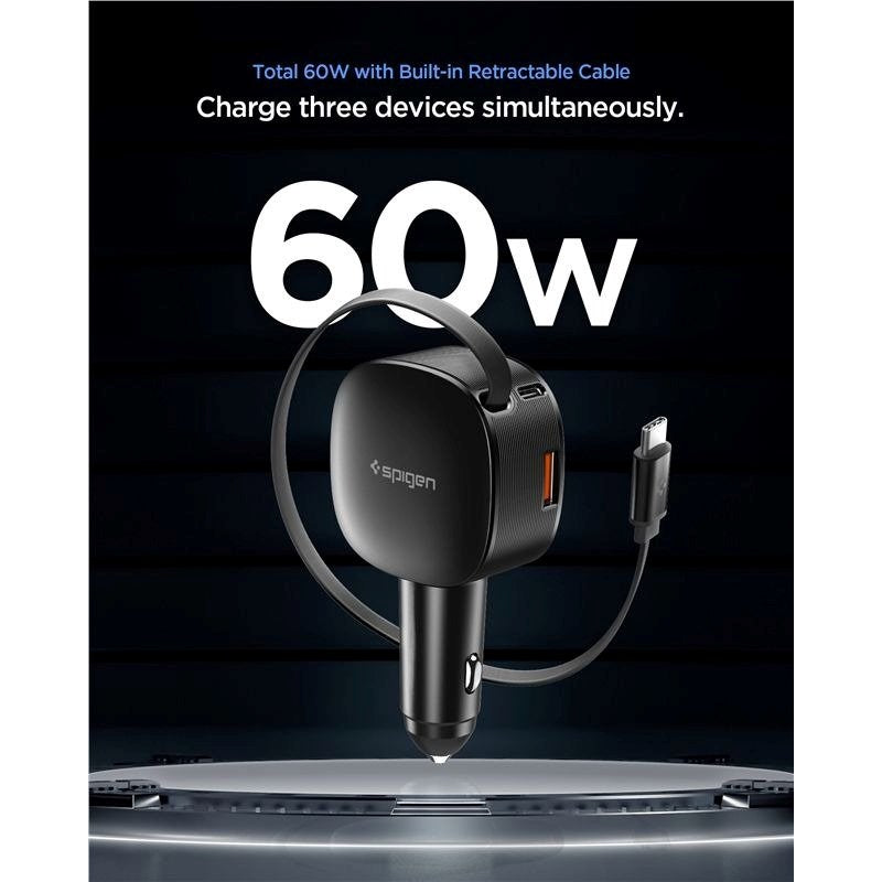 Spigen Essential Car Charger 60W with Built-in USB-C Cable & 1 x USB-C 1 x USB-A - Black