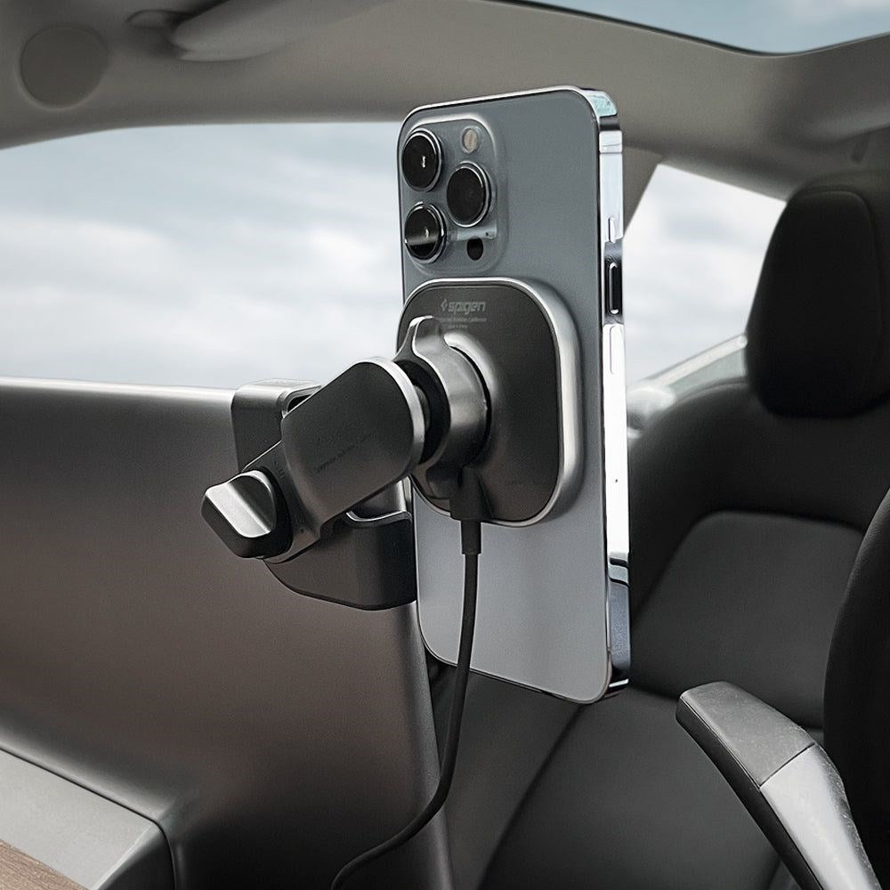 Spigen OneTap Car Mount for Tesla Horizontal Touch Screens w. Wireless Charging - MagSafe Compatible - Gray / Black