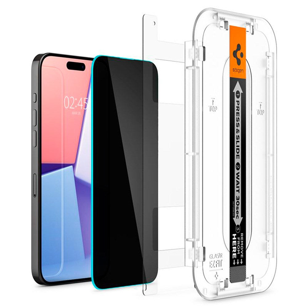 iPhone 15 Pro Spigen EZ Fit Glas.tR Screen Protection 2. Pcs - Privacy Filter - Case Friendly - Transparent