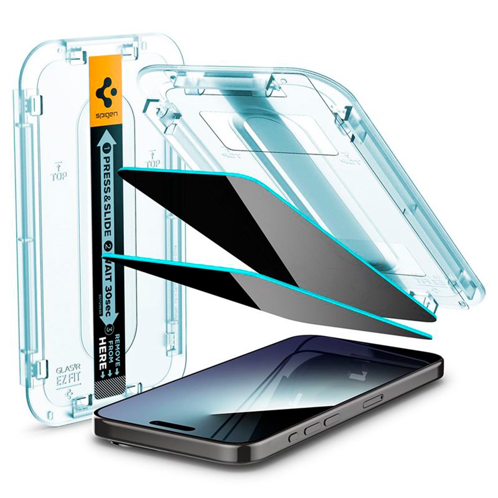 iPhone 15 Pro Spigen EZ Fit Glas.tR Screen Protection 2. Pcs - Privacy Filter - Case Friendly - Transparent