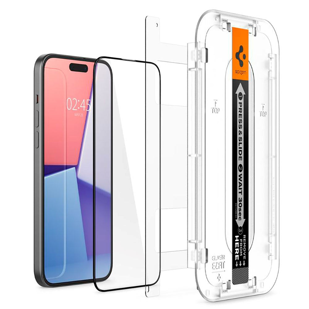 iPhone 15 Spigen EZ Fit Glas.tR Screen Protection 2. Pcs - Case Friendly - Black Edge