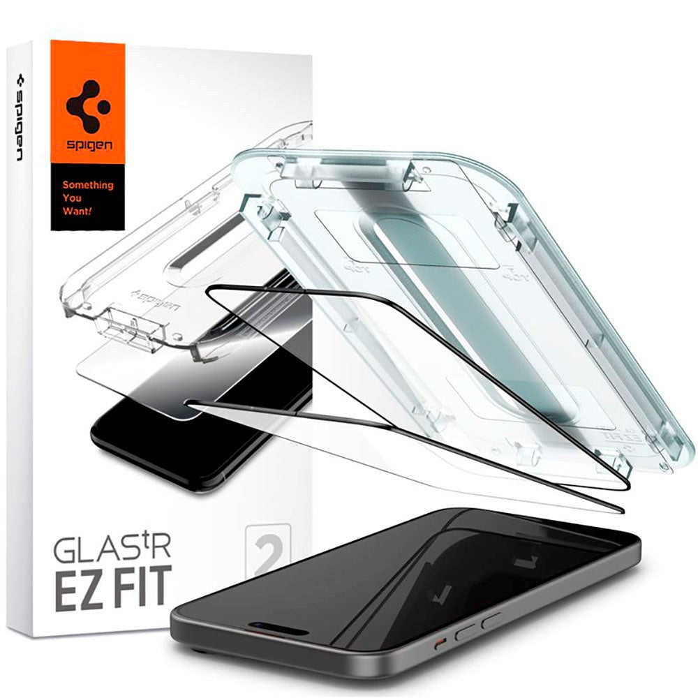 iPhone 15 Spigen EZ Fit Glas.tR Screen Protection 2. Pcs - Case Friendly - Black Edge