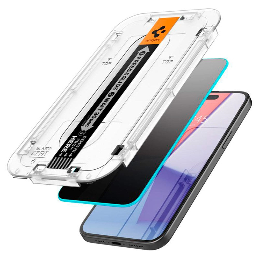 iPhone 15 / 16 Spigen EZ Fit Glas.tR Screen Protection 2. Pcs - Privacy Filter - Case Friendly - Transparent