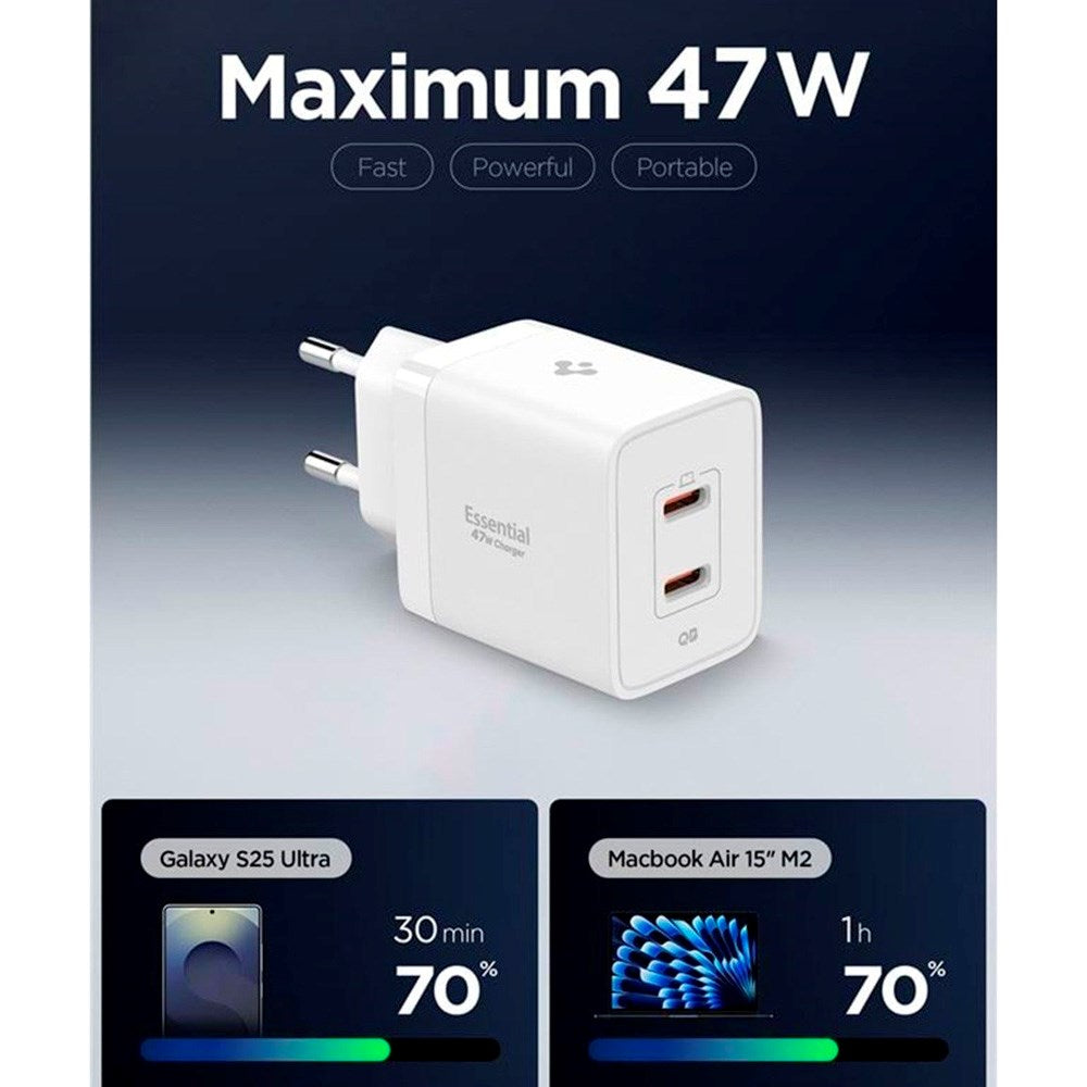 Spigen 47W Wall Charger with 2x USB-C - White