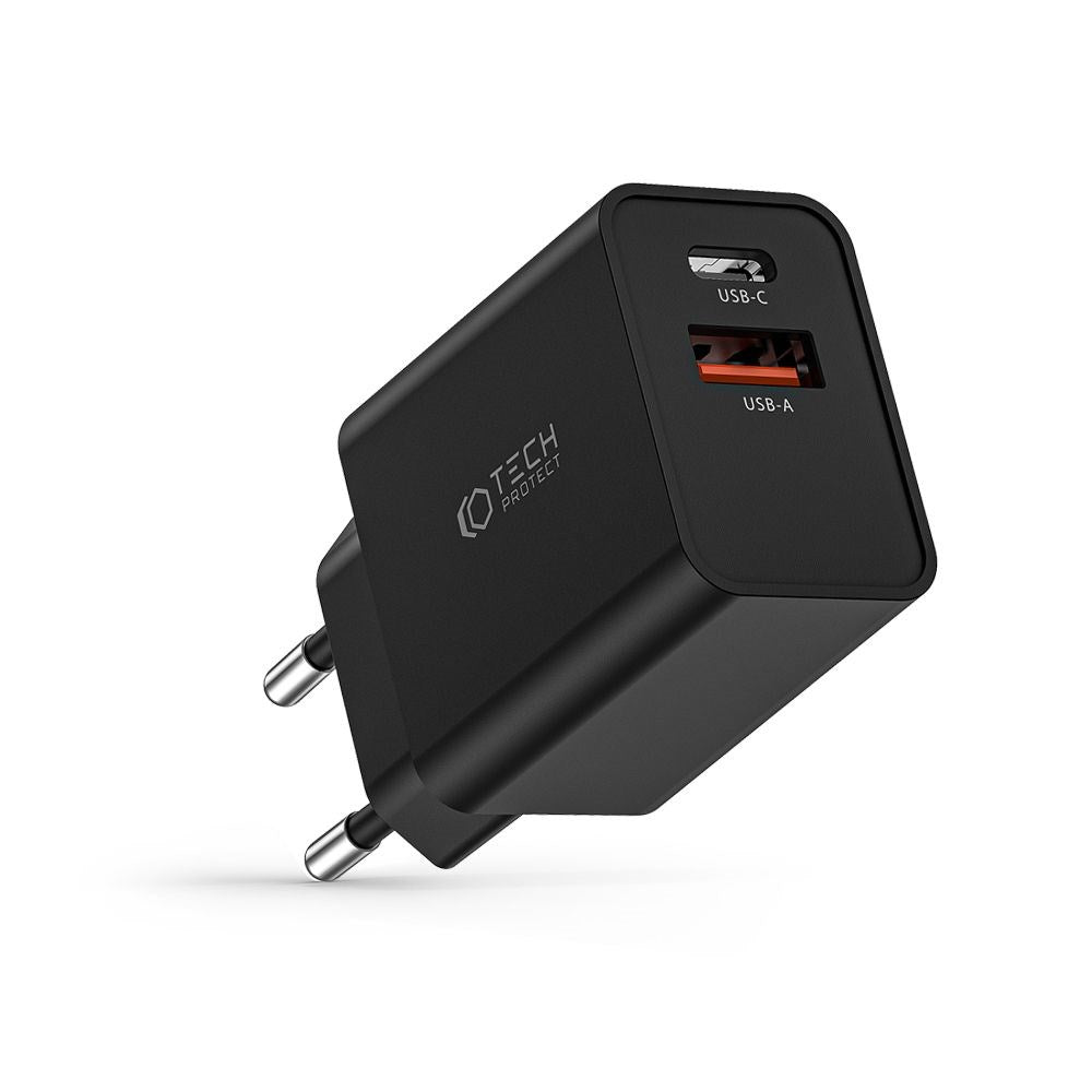 Tech-Protect Network 30W Wall charger with 1 x USB-A QC & 1 x USB-C PD - Black