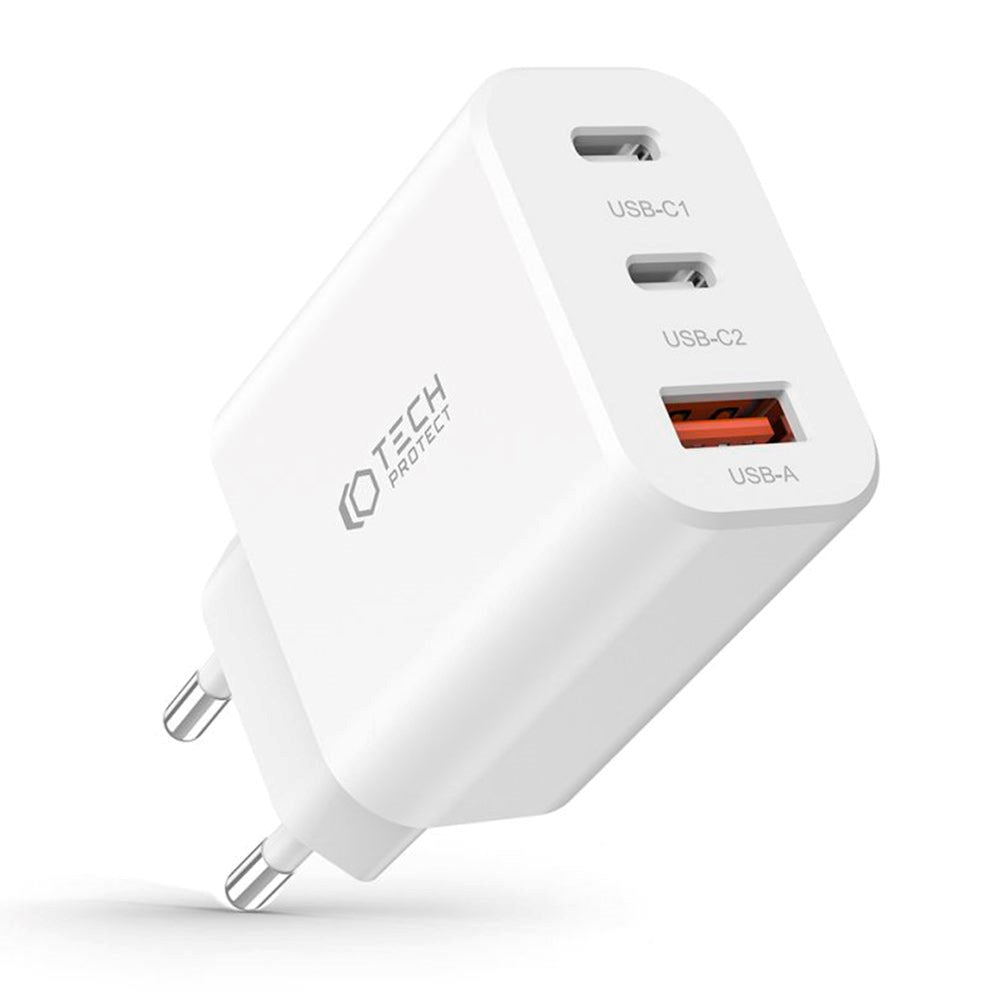 Tech-Protect 30W Wall Charger with 2 x USB-C & 1 x USB-A - White