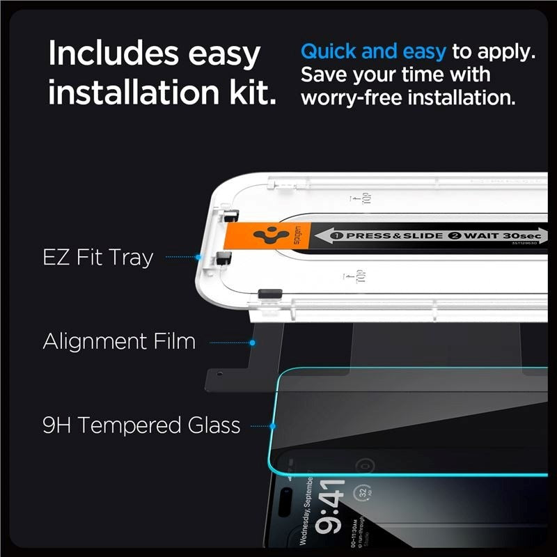 iPhone 15 Pro Max Spigen EZ Fit Glas.tR Screen Protection 2 Pcs. - Privacy Filter - Case Friendly - Transparent