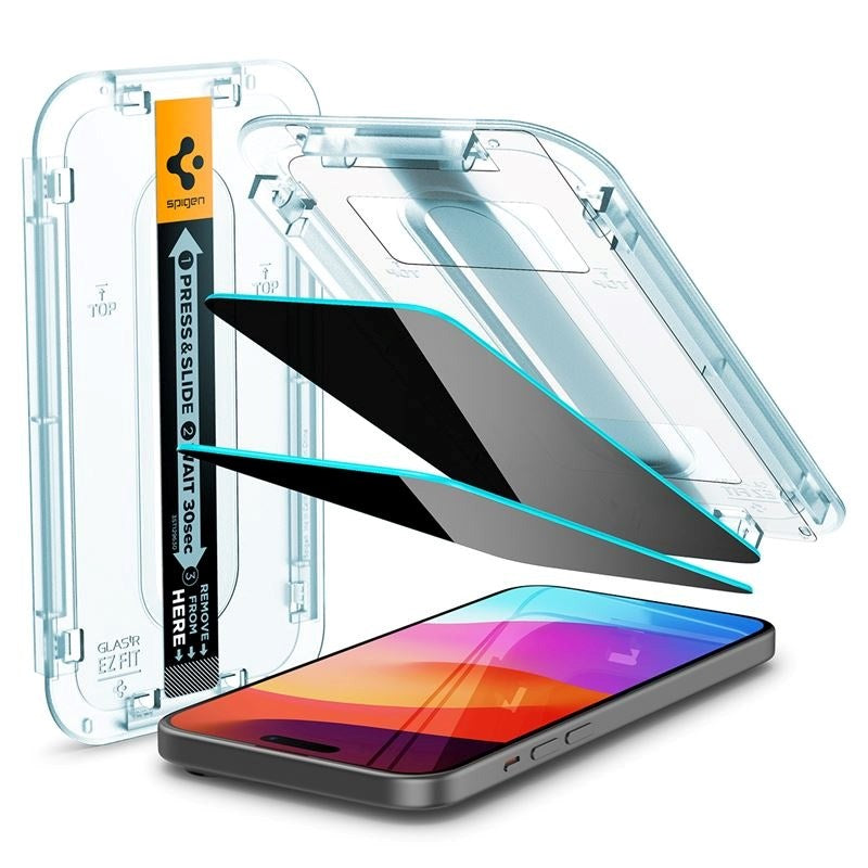 iPhone 16 Plus Spigen EZ Fit Glas.tR Screen Protection 2. Pcs - Privacy Filter - Case Friendly - Transparent