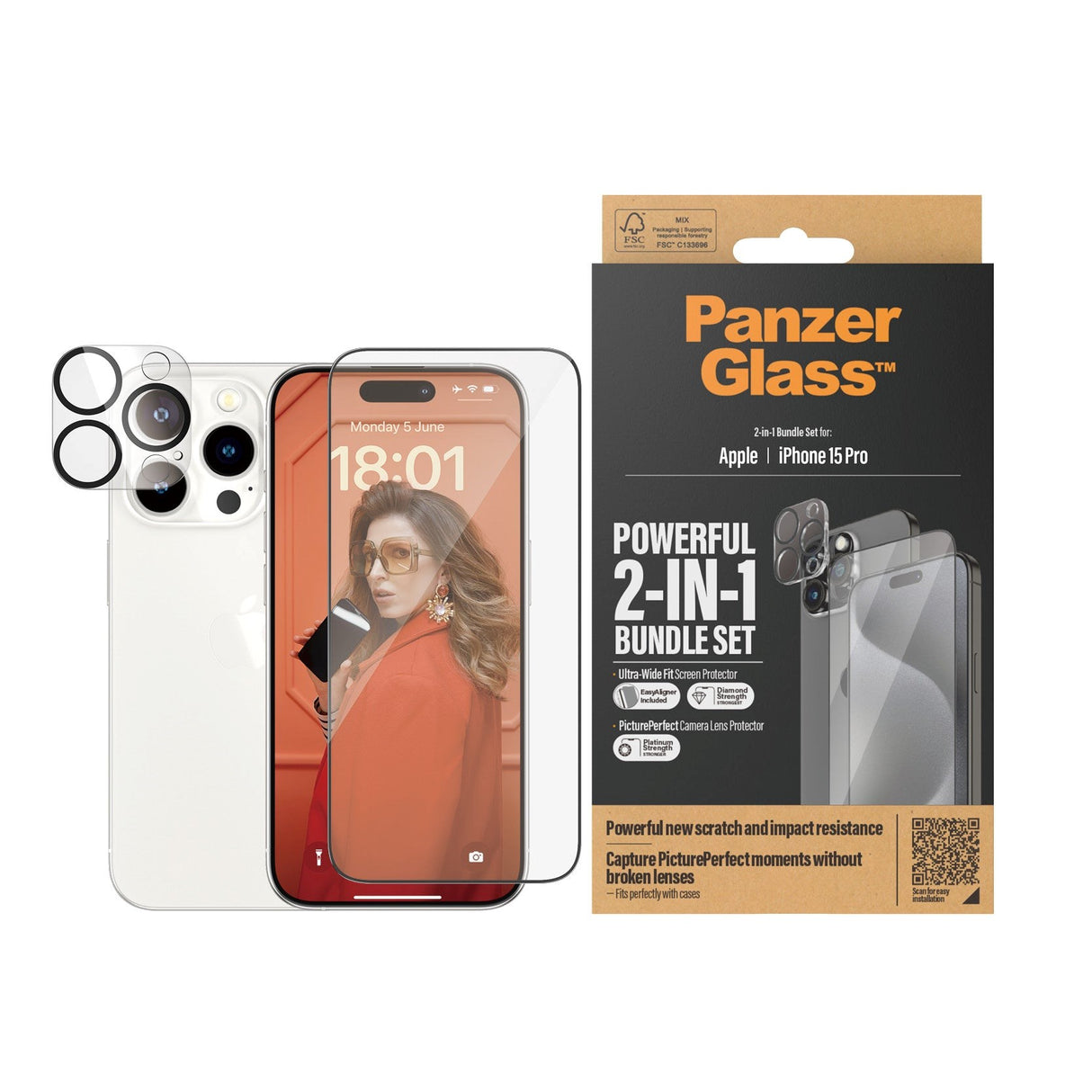 iPhone 15 Pro PanzerGlass 2-i-1 Bundle w. EasyAligner - Screen Protector (UWF) / Camera Protection - Transparent / Black