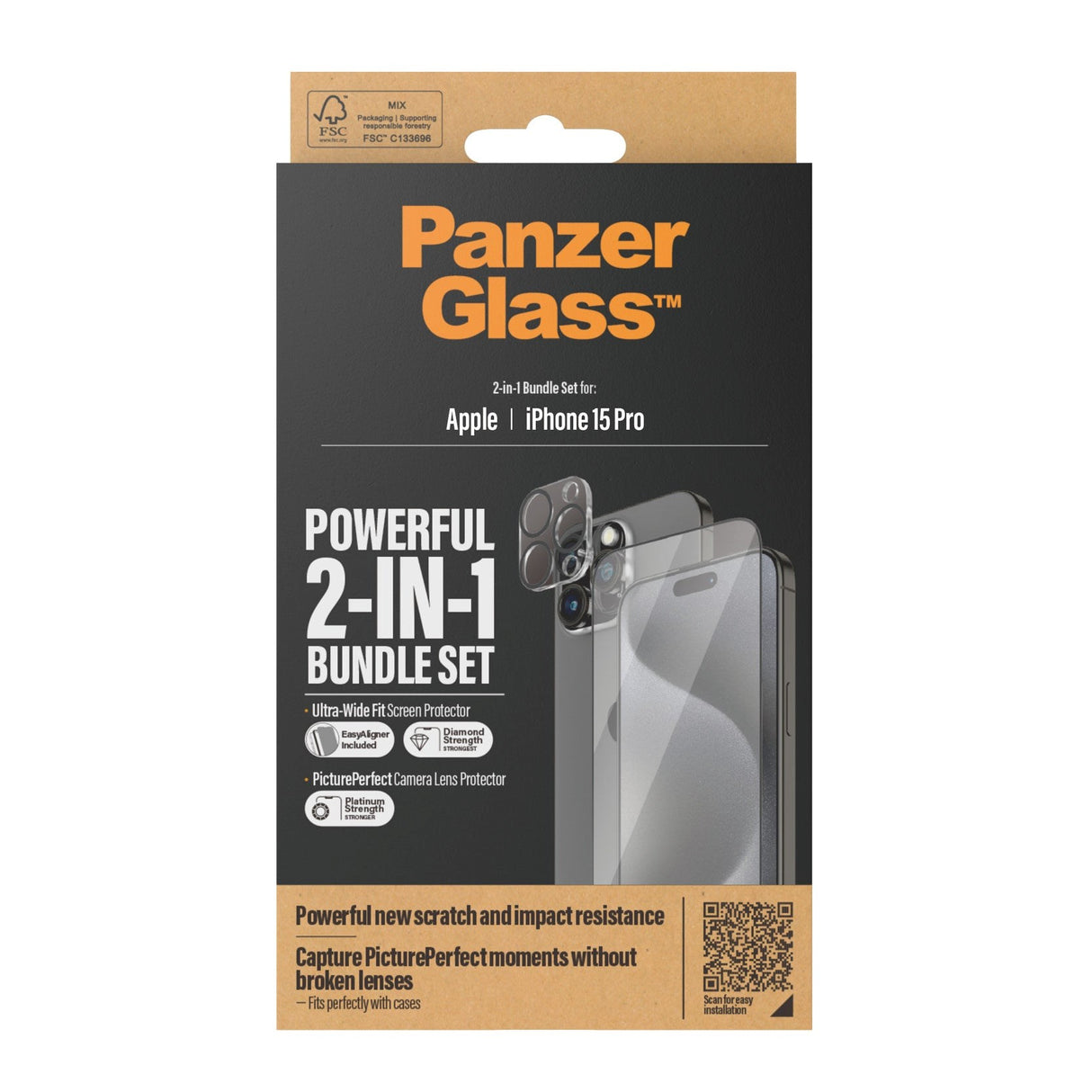 iPhone 15 Pro PanzerGlass 2-i-1 Bundle w. EasyAligner - Screen Protector (UWF) / Camera Protection - Transparent / Black