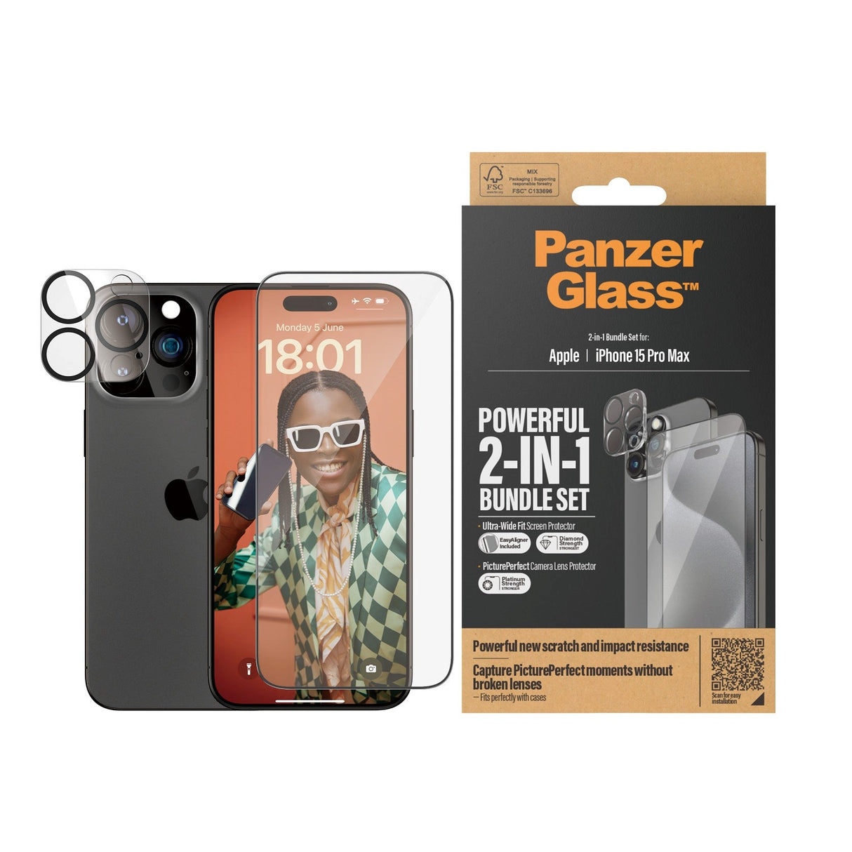 iPhone 15 Pro Max PanzerGlass 2-i-1 Bundle w. EasyAligner - Screen Protector (UWF) / Camera Protection - Transparent / Black