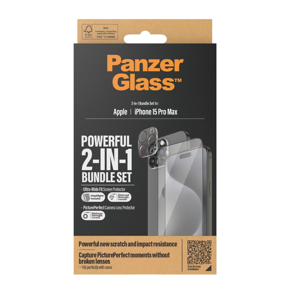 iPhone 15 Pro Max PanzerGlass 2-i-1 Bundle w. EasyAligner - Screen Protector (UWF) / Camera Protection - Transparent / Black