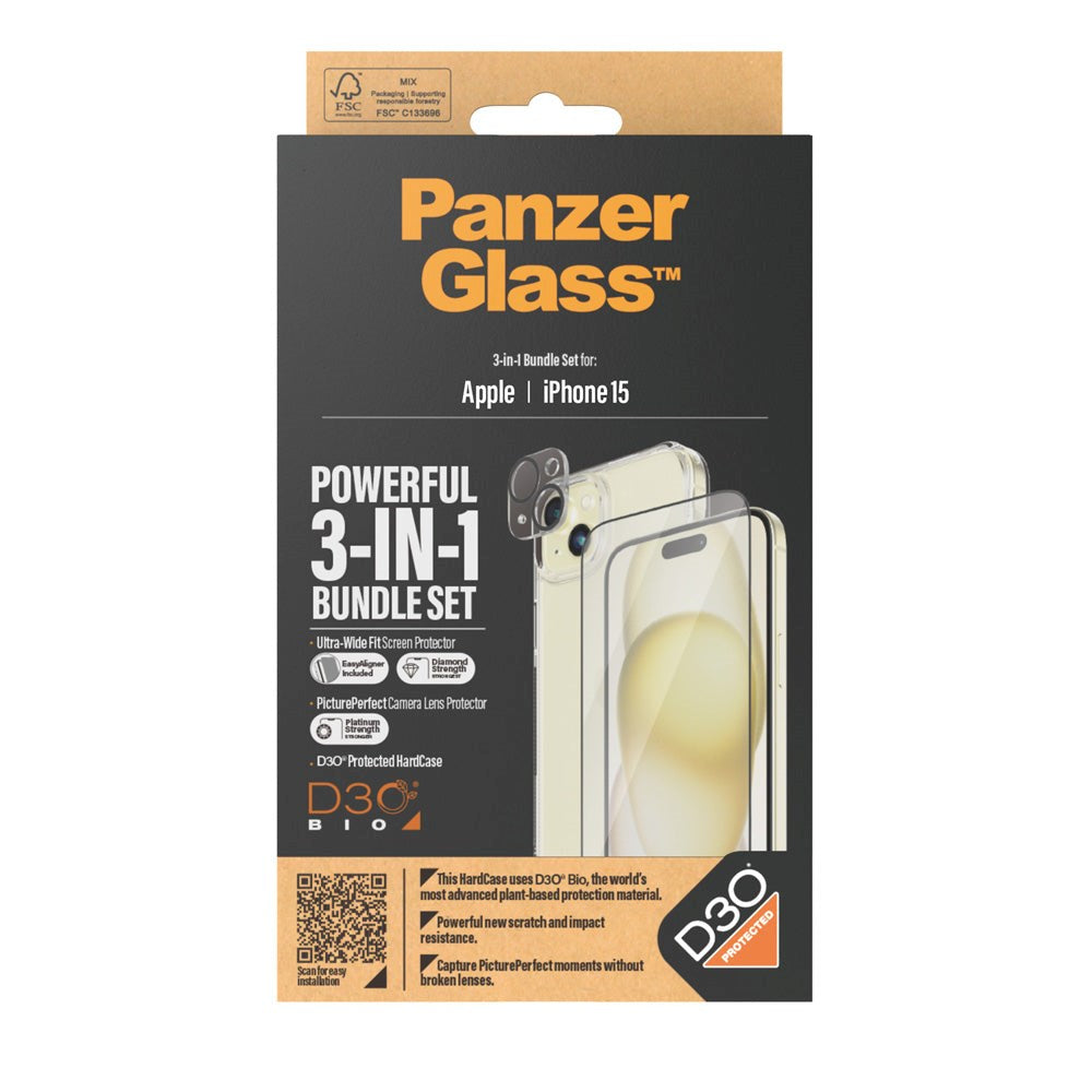 iPhone 15 PanzerGlass 3-i-1 Bundle m. EasyAligner - Screen Protector (UWF) / Case / Camera Protection - Transparent / Black