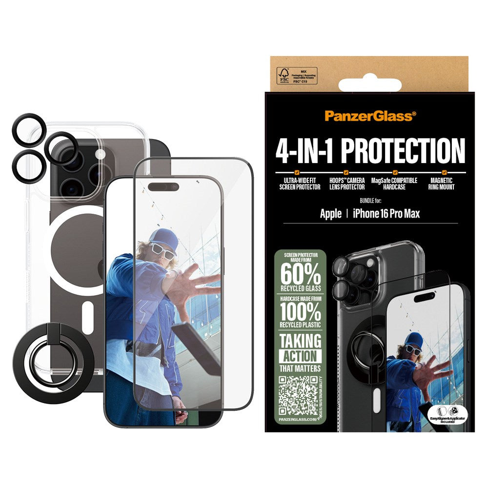 iPhone 16 Pro Max PanzerGlass 4-i-1 Bundle m. EasyAligner - Screen Protector (UWF) / Case / Camera Protection / Finger Ring - Transparent / Black