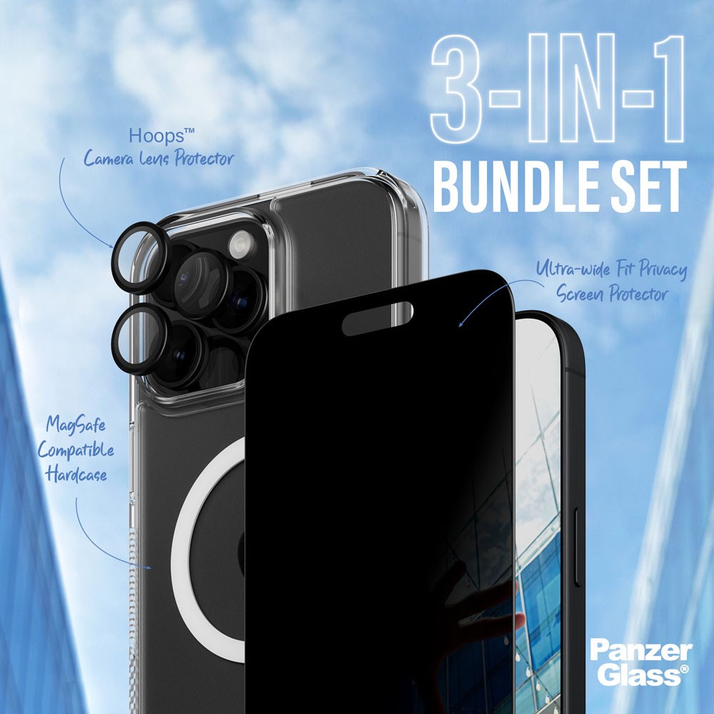 iPhone 16 Pro Max PanzerGlass 3-i-1 Bundle m. EasyAligner - Privacy Screen Protector (UWF) / Case / Camera Protection - Transparent / Black