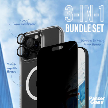 iPhone 16 Pro Max PanzerGlass 3-i-1 Bundle m. EasyAligner - Privacy Screen Protector (UWF) / Case / Camera Protection - Transparent / Black