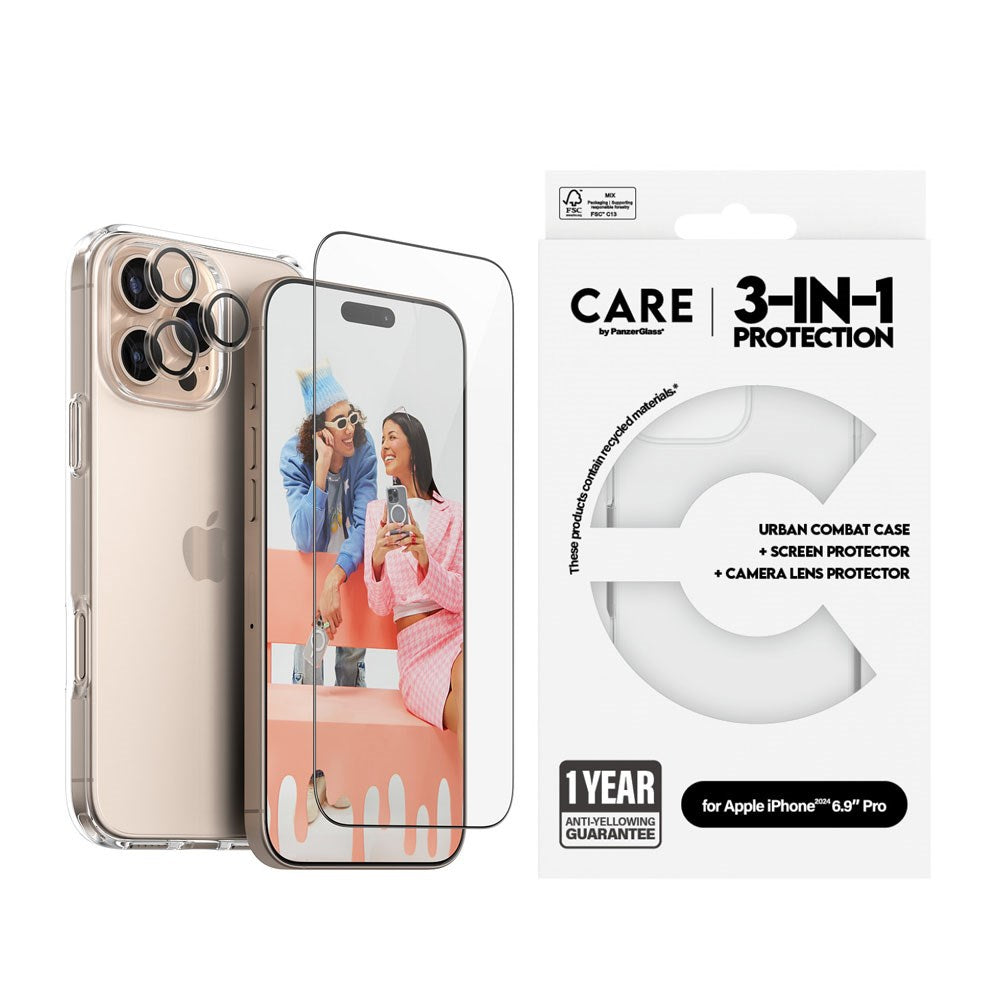 CARE By PanzerGlass iPhone 16 Pro Max 3-i-1 FLAGSHIP Bundle - Screen Protector (UWF) / Case / Camera Protection - Transparent