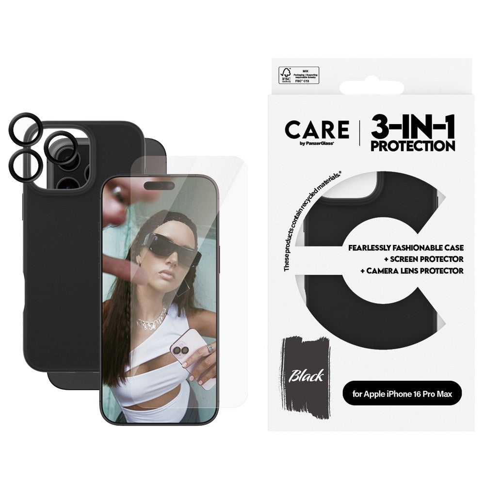 CARE By PanzerGlass iPhone 16 Pro Max 3-i-1 FASHION Bundle - Screen Protector (UWF) / Case / Camera Protection - Transparent / Black