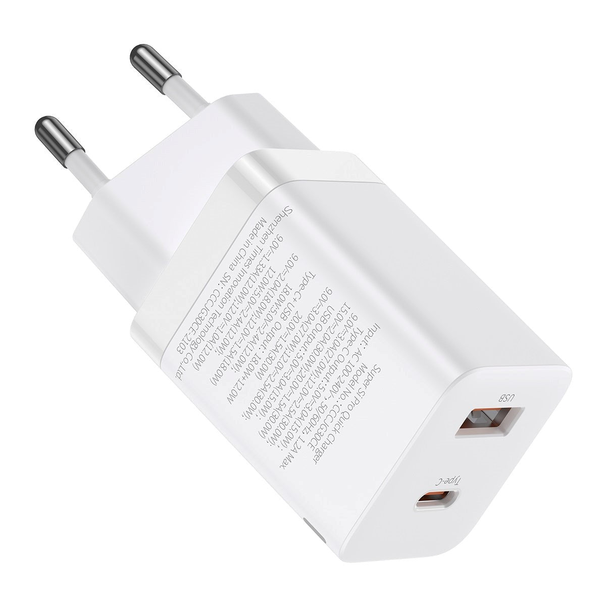 Baseus 30W Super Si Pro Wall Charger USB-C & USB-A - White