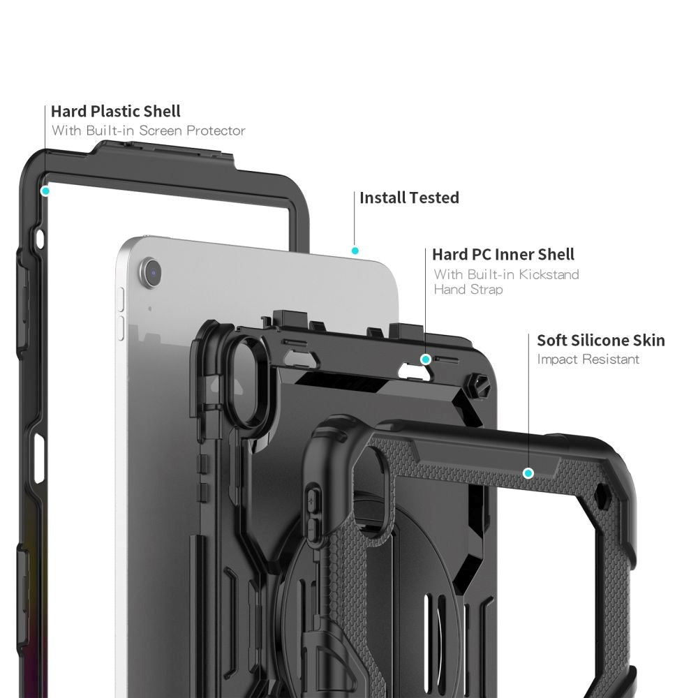 iPad 10.9" 2022 Tech-Protect Solid360 Case w. Protective Film, Hand Holder & Shoulder Strap - Black