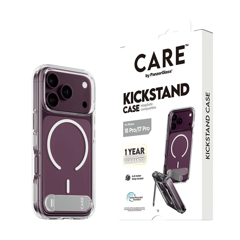 iPhone 18 Pro / 17 Pro CARE by PanzerGlass Feature Kickstand Case - MagSafe Compatible - Transparent / White