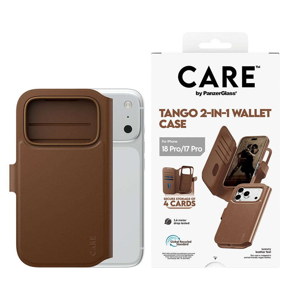 iPhone 18 Pro / 17 Pro CARE by PanzerGlass Feature Tango 2-in-1 Flip Case with Wallet - MagSafe Compatible - Brown