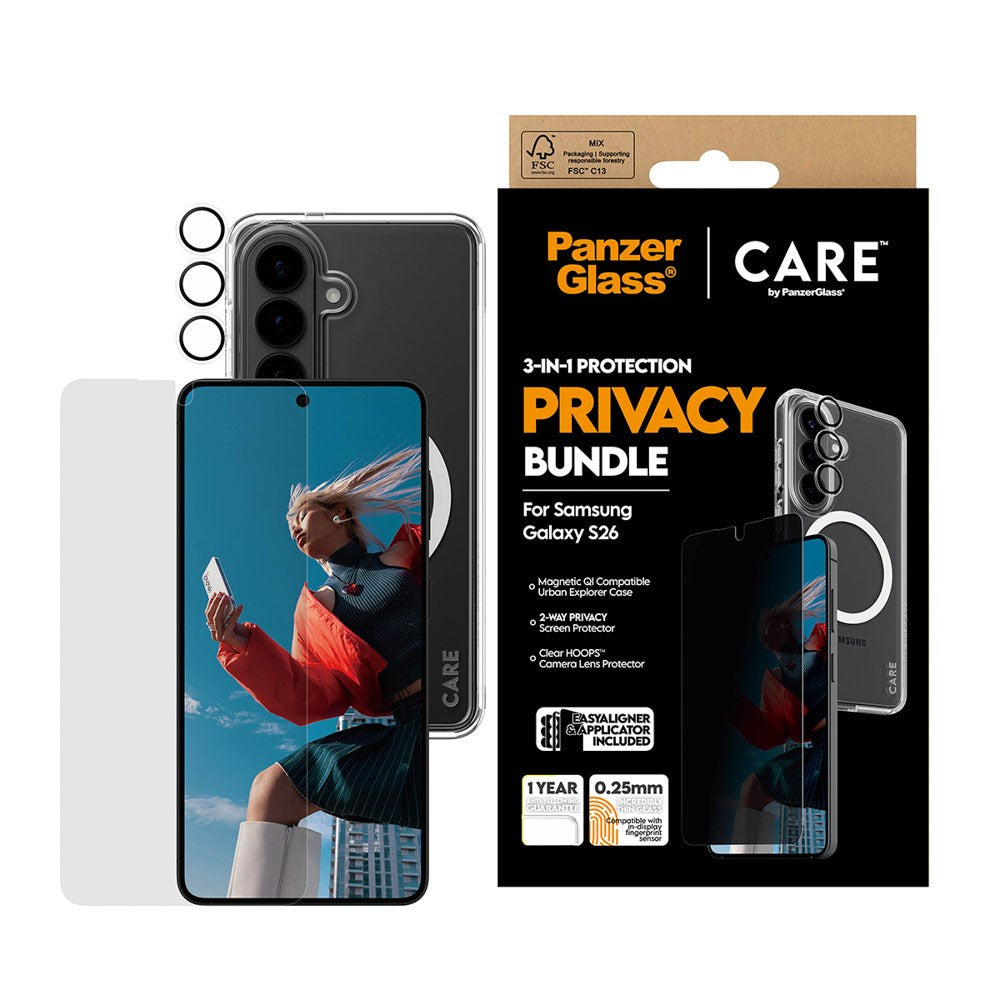 Samsung Galaxy S26 Urban Combat 3-in-1 Privacy Bundle with Case / Screen Protector (Privacy) / Camera Protection - Qi Compatible - Transparent