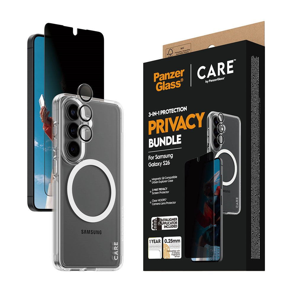 Samsung Galaxy S26 Urban Combat 3-in-1 Privacy Bundle with Case / Screen Protector (Privacy) / Camera Protection - Qi Compatible - Transparent