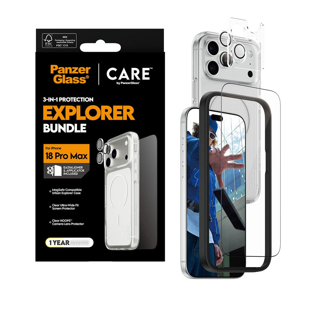 iPhone 18 Pro Max CARE By PanzerGlass 3-i-1 FLAGSHIP Bundle - Screen Protector (UWF) / Case / Camera Protection - Transparent