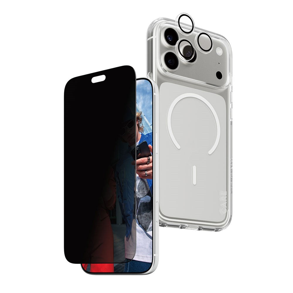 iPhone 18 Pro Max CARE by PanzerGlass 3-i-1 FLAGSHIP Bundle - Case / Privacy Screen Protector (UWF) / Camera Protection - Transparent / Black