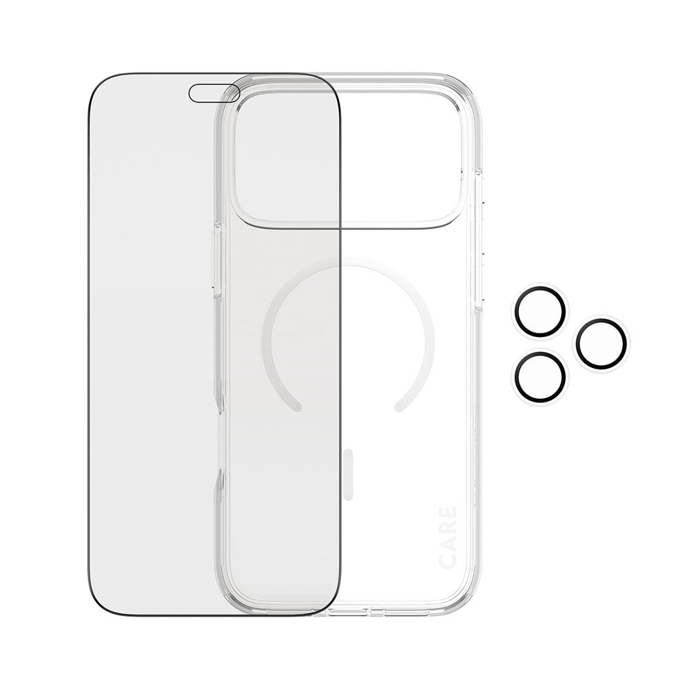 iPhone 18 Pro Max CARE by PanzerGlass 3-i-1 FLAGSHIP Bundle - Case / Privacy Screen Protector (UWF) / Camera Protection - Transparent / Black