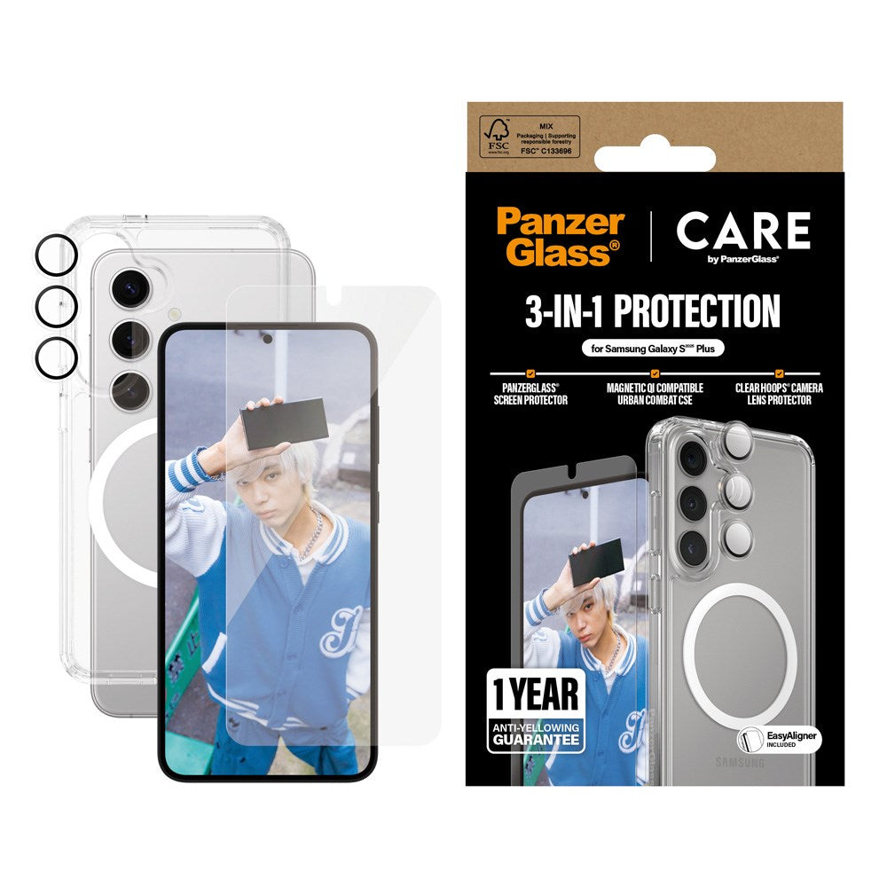 CARE by PanzerGlass Samsung Galaxy S25+ (Plus) 3-i-1 FLAGSHIP Bundle - Case / Screen Protector (UWF) / Camera Protection - Transparent