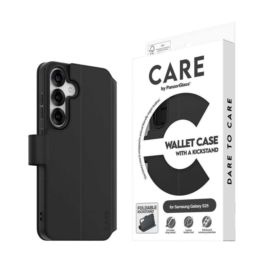 CARE by PanzerGlass Samsung Galaxy S25 Feature Wallet Case with Kickstand - Black