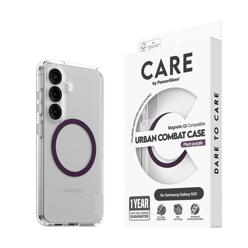 CARE by PanzerGlass Samsung Galaxy S25 FLAGSHIP Urban Combat Case - Qi Compatible -Transparent / Plum Purple