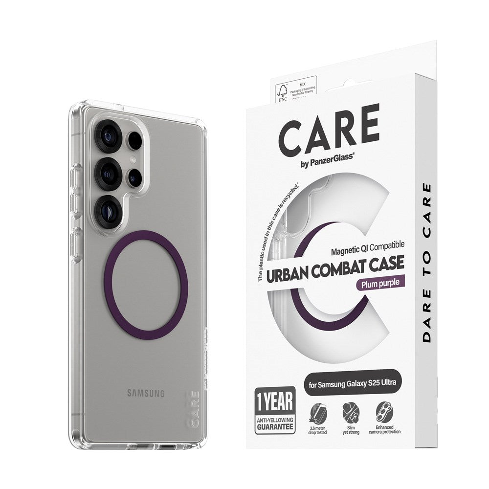 CARE by PanzerGlass Samsung Galaxy S25 Ultra FLAGSHIP Urban Combat Case - Qi Compatible -Transparent / Plum Purple