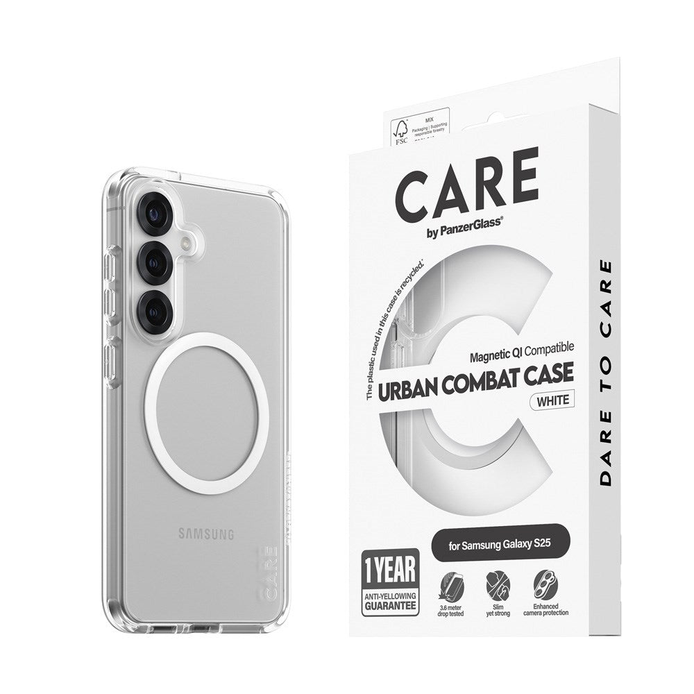 CARE by PanzerGlass Samsung Galaxy S25 FLAGSHIP Urban Combat Case - Qi Compatible - Transparent / White