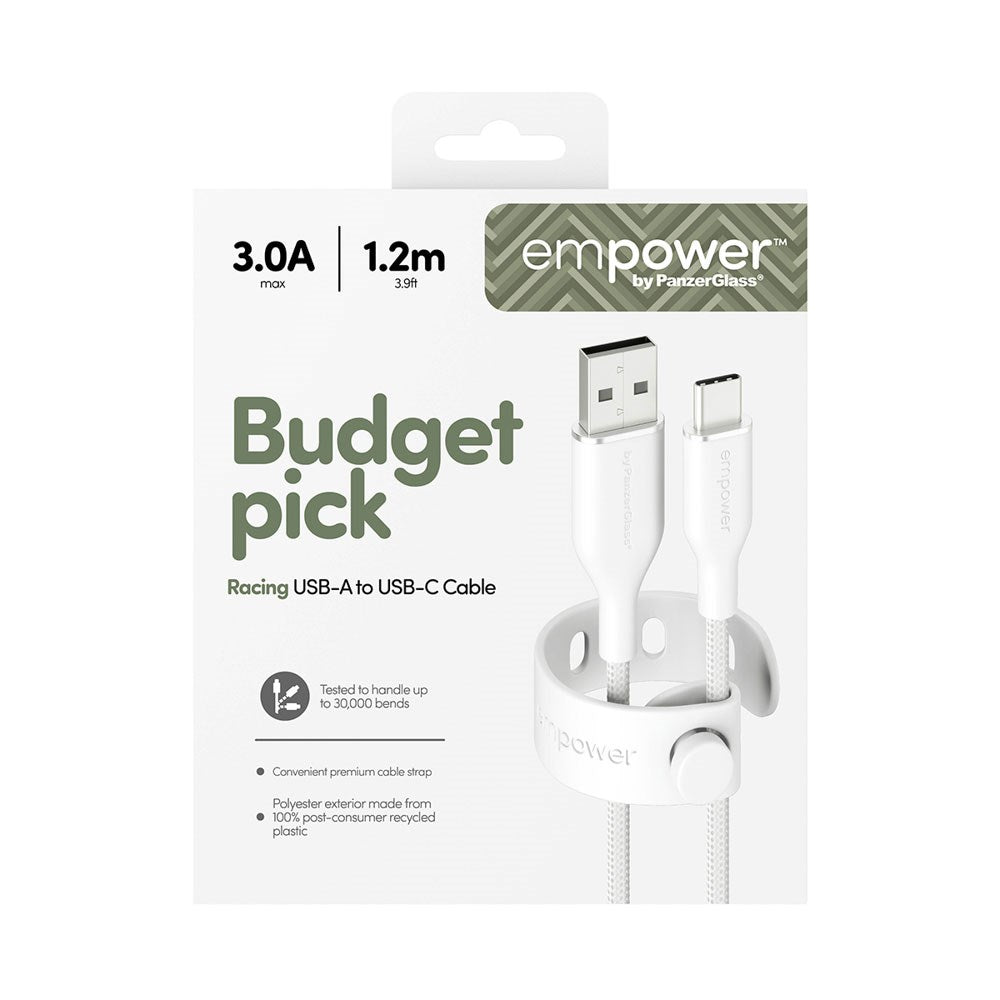 empower by PanzerGlass Racing 60W USB-A to USB-C Cable – 1.2m – Silver White