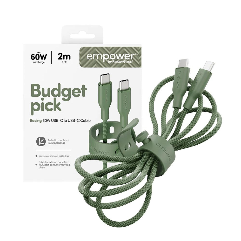 empower by PanzerGlass Racing 60W USB-C to USB-C Cable – 2m – Sage