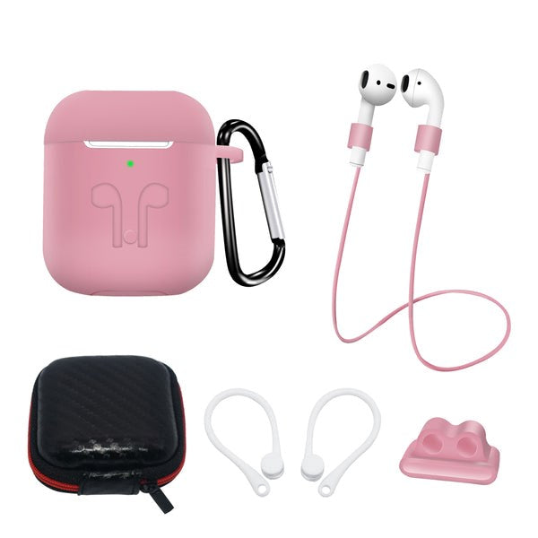 Hurtel AirPods (1st & 2nd gen.) Silicone Case Set with Neck Strap & Ear Hook - Pink