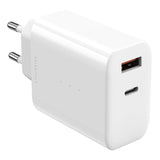 Upström ËESSENTIALS PD 65W GaN Recycled Plastic Wall Charger with USB-C og USB-A - White