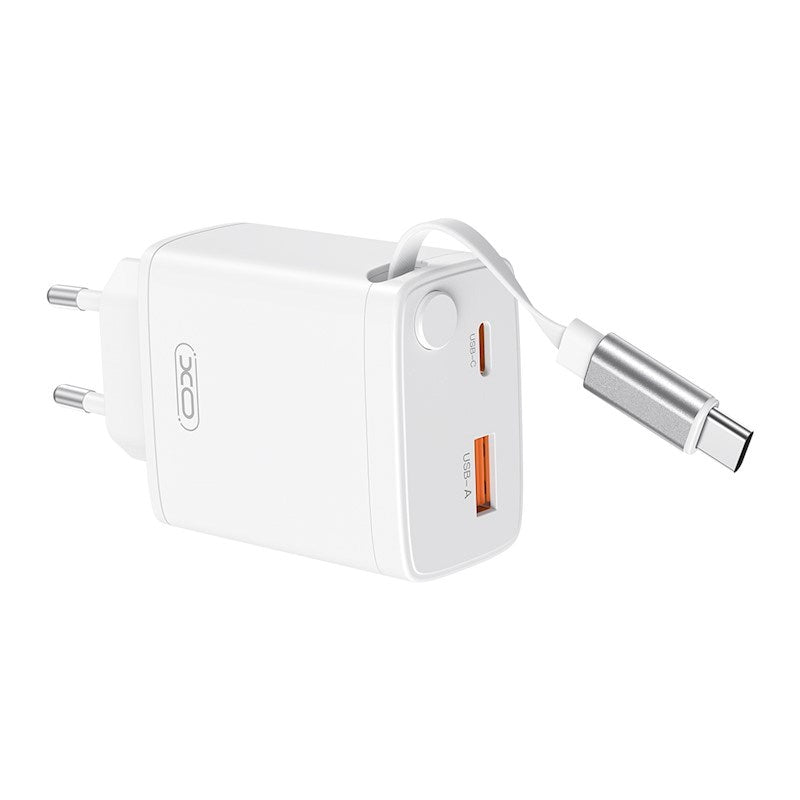 XO 30W Wall Charger 1 x USB-C 1 x USB-A with Retractable USB-C Cable - White