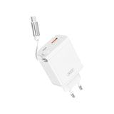 XO 30W Wall Charger 1 x USB-C 1 x USB-A with Retractable USB-C Cable - White