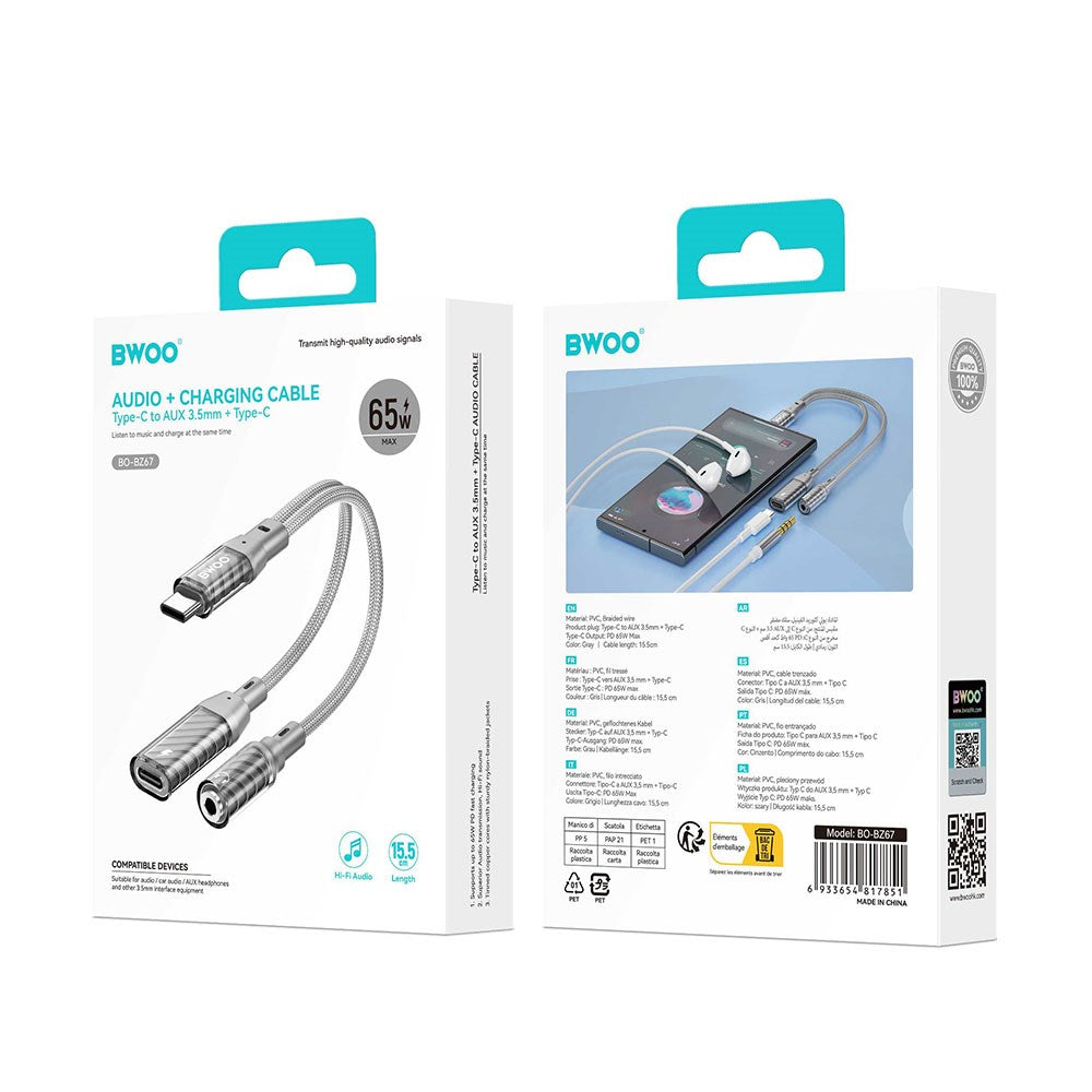 BWOO 2-in-1 USB-C to USB-C / Mini Jack Adapter - Grey