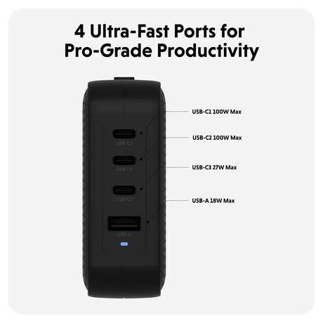 Targus HyperJuice 100W Travel Charger w. 1x USB-A & 3x USB-C - incl. 4x Plug Adapters - Black