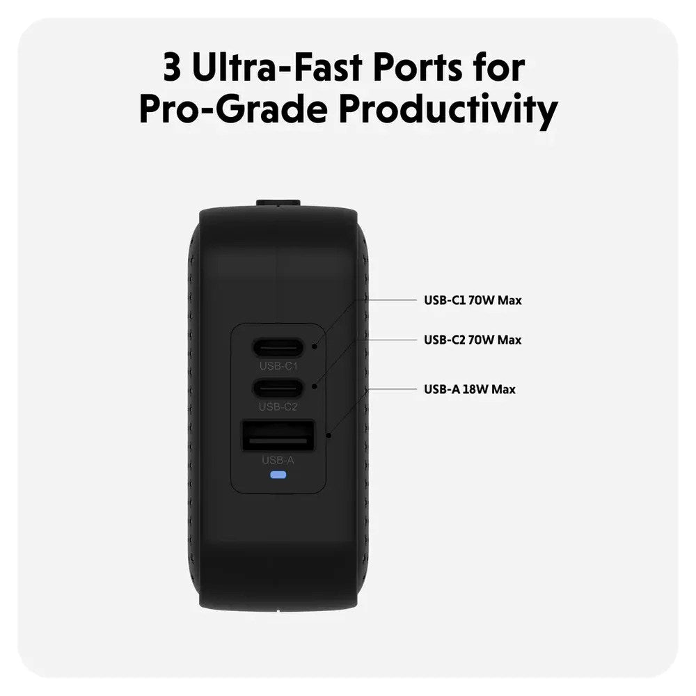 Targus HyperJuice 70W Travel Charger w. 1x USB-A & 2x USB-C - incl. 4x Plug Adapters - Black