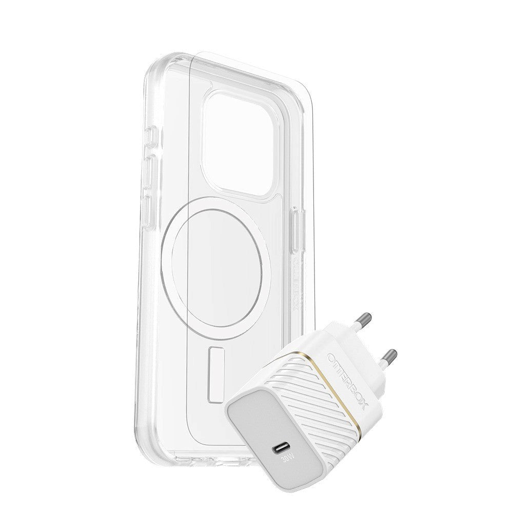 OtterBox iPhone 15 Protection + Power Kit - MagSafe Case, Screen Protection & 20W Wall Charger - Transparent / White