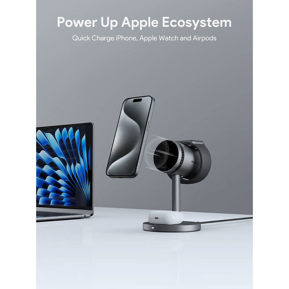 Aukey MagFusion 3-in-1 15W Wireless Charger for Smartphone / Apple Watch / AirPods - MagSafe / Qi2 Compatible - Grey