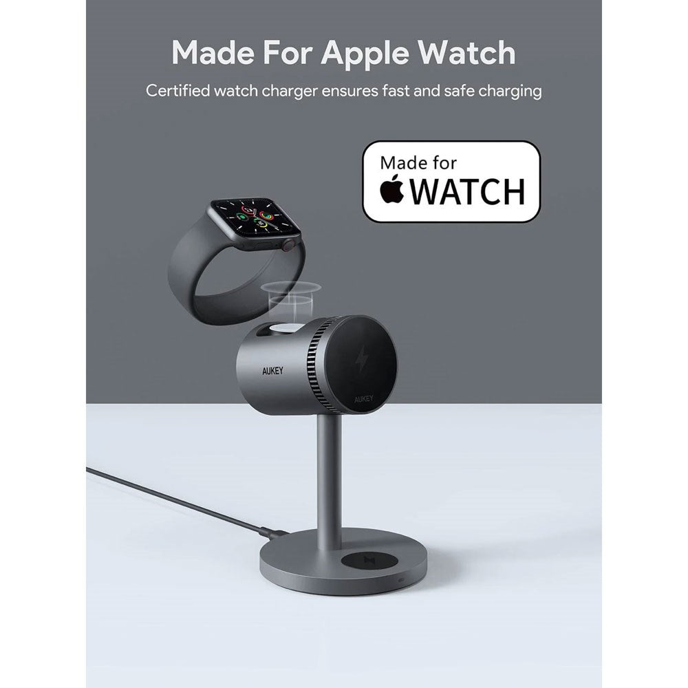 Aukey MagFusion 3-in-1 15W Wireless Charger for Smartphone / Apple Watch / AirPods - MagSafe / Qi2 Compatible - Grey