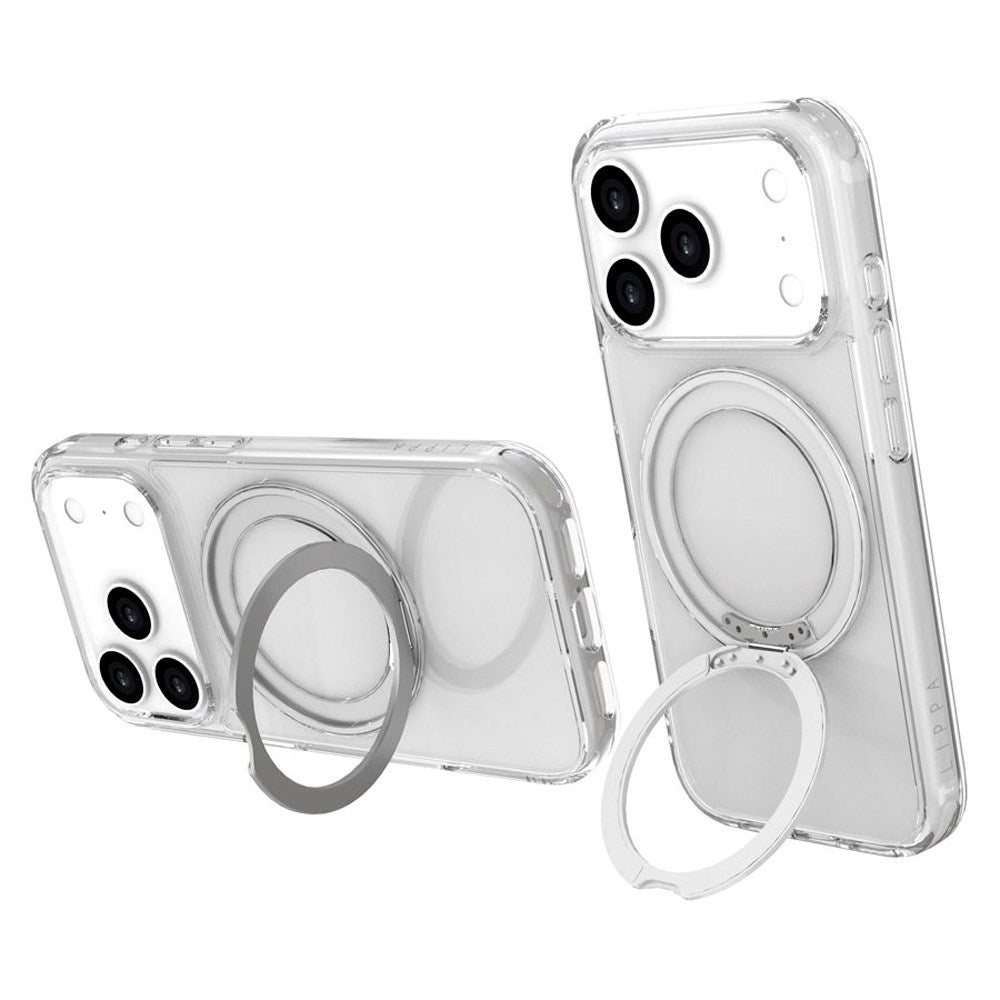iPhone 17 Pro Lippa Hybrid Plastic Case with 360 Rotating Kickstand - MagSafe Compatible - Transparent / Silver